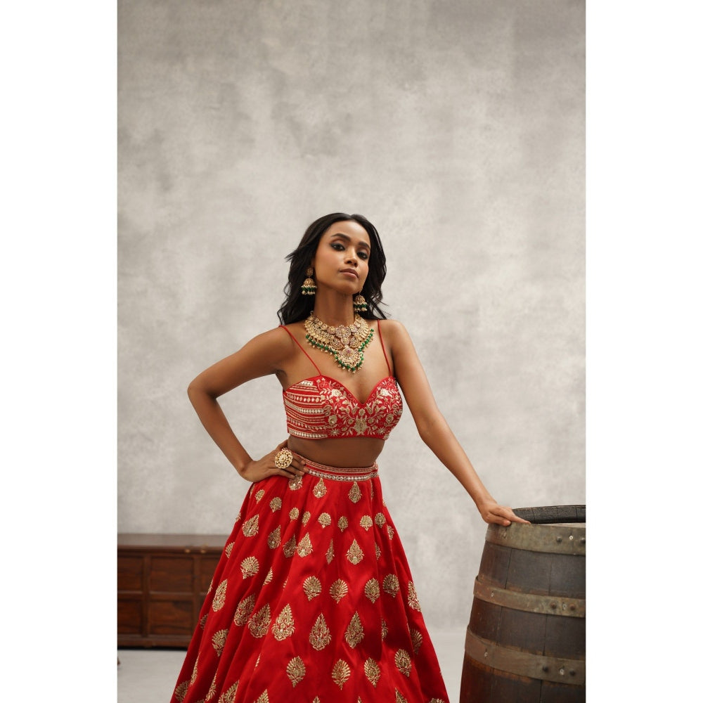 Kapda Dori Red Embroidered Lehenga with Blouse and Jacket (Set of 3)