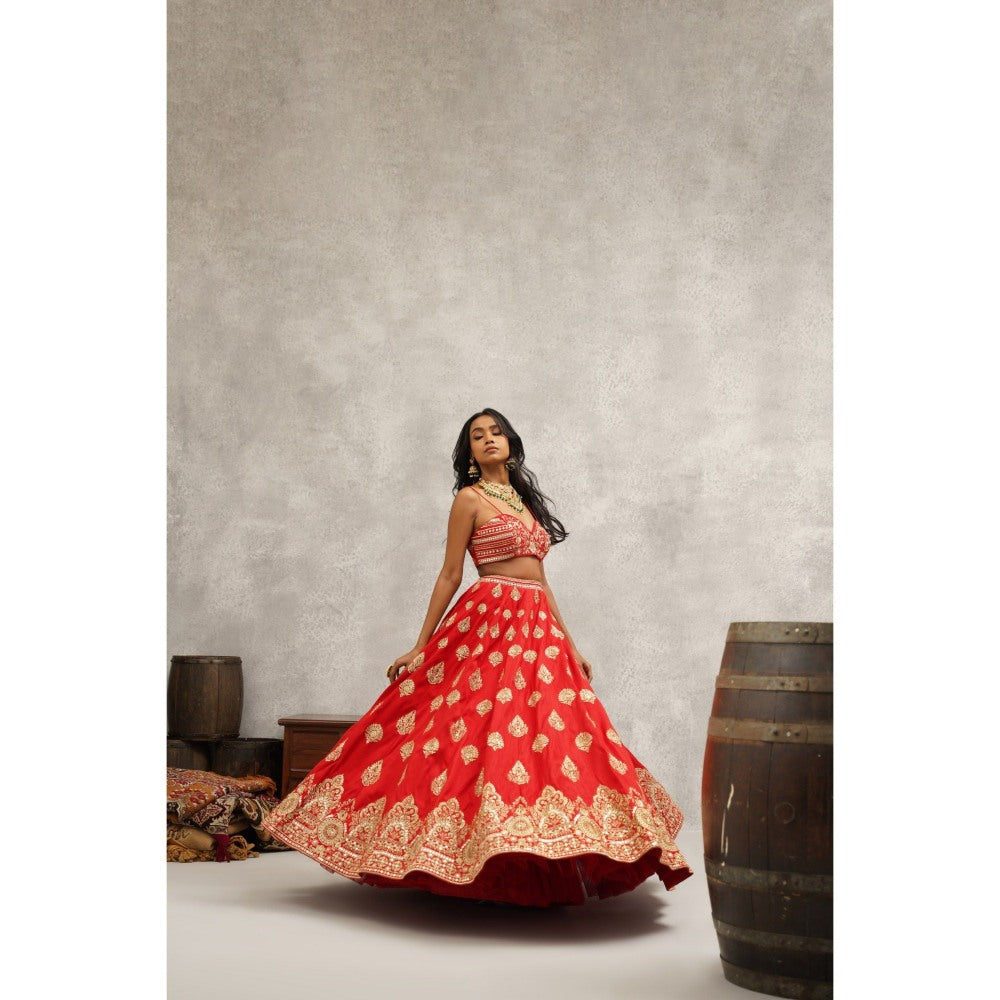 Kapda Dori Red Embroidered Lehenga with Blouse and Jacket (Set of 3)
