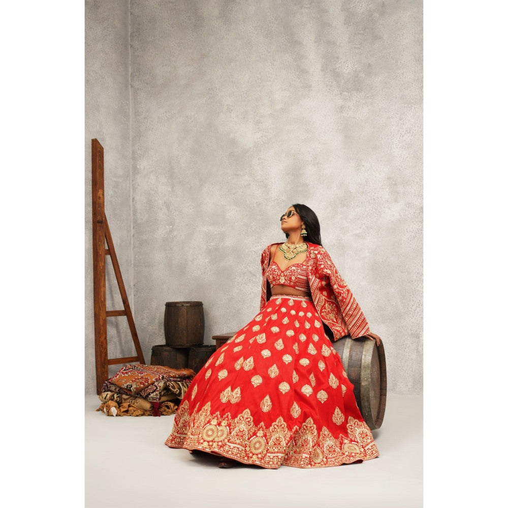 Kapda Dori Red Embroidered Lehenga with Blouse and Jacket (Set of 3)