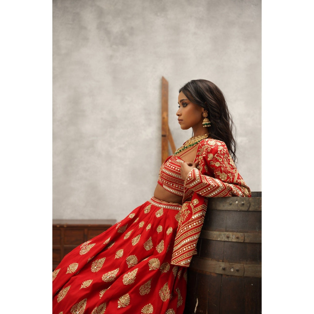 Kapda Dori Red Embroidered Lehenga with Blouse and Jacket (Set of 3)