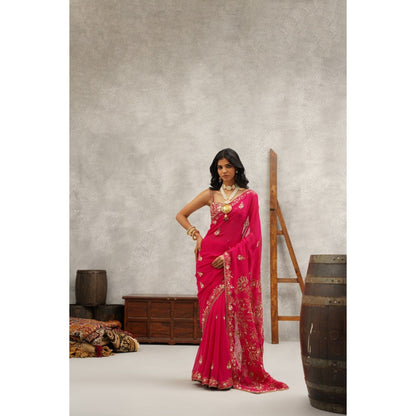 Kapda Dori Pink Embroidered Saree with Stitched Blouse and Petticoat