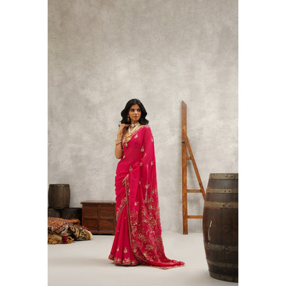 Kapda Dori Pink Embroidered Saree with Stitched Blouse and Petticoat