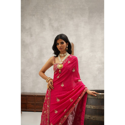 Kapda Dori Pink Embroidered Saree with Stitched Blouse and Petticoat