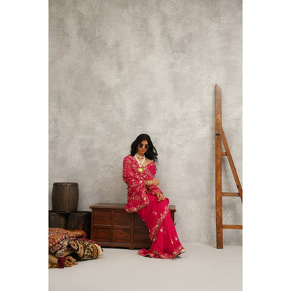 Kapda Dori Pink Embroidered Saree with Stitched Blouse and Petticoat
