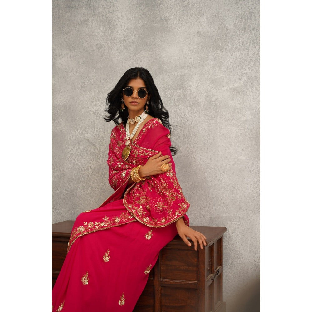 Kapda Dori Pink Embroidered Saree with Stitched Blouse and Petticoat