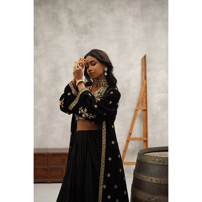 Kapda Dori Black Embroidered Pre-draped Saree with Stitched Blouse and Jacket
