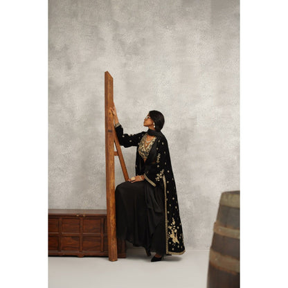 Kapda Dori Black Embroidered Pre-draped Saree with Stitched Blouse and Jacket