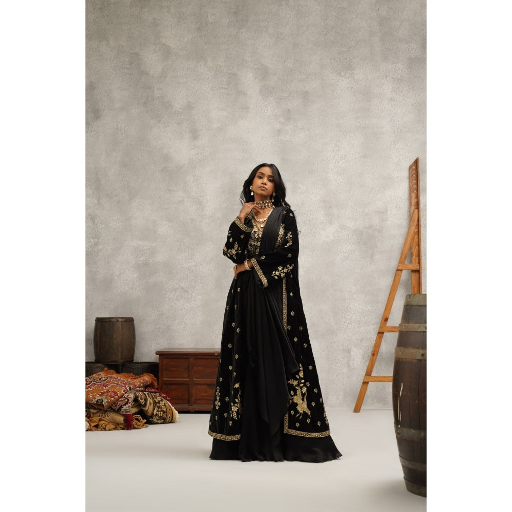 Kapda Dori Black Embroidered Pre-draped Saree with Stitched Blouse and Jacket