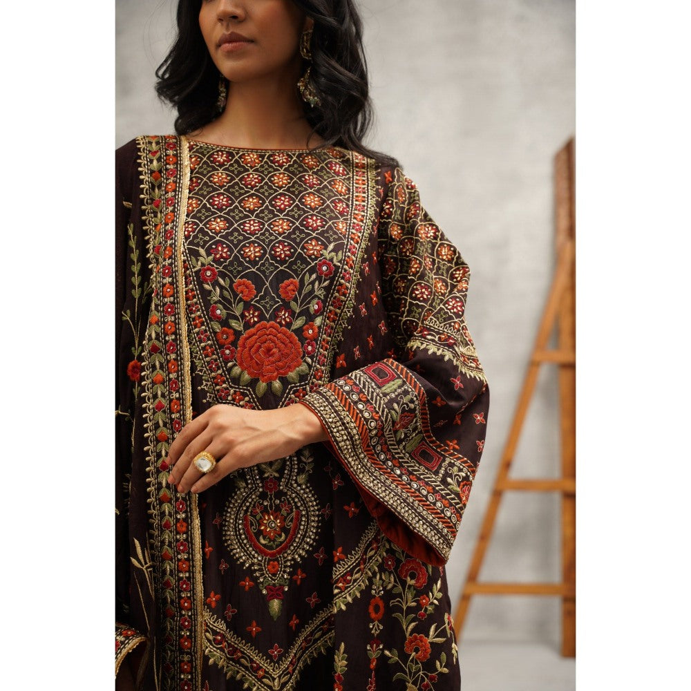 Kapda Dori Brown Embroidered Kurta with Palazzo and Dupatta (Set of 3)
