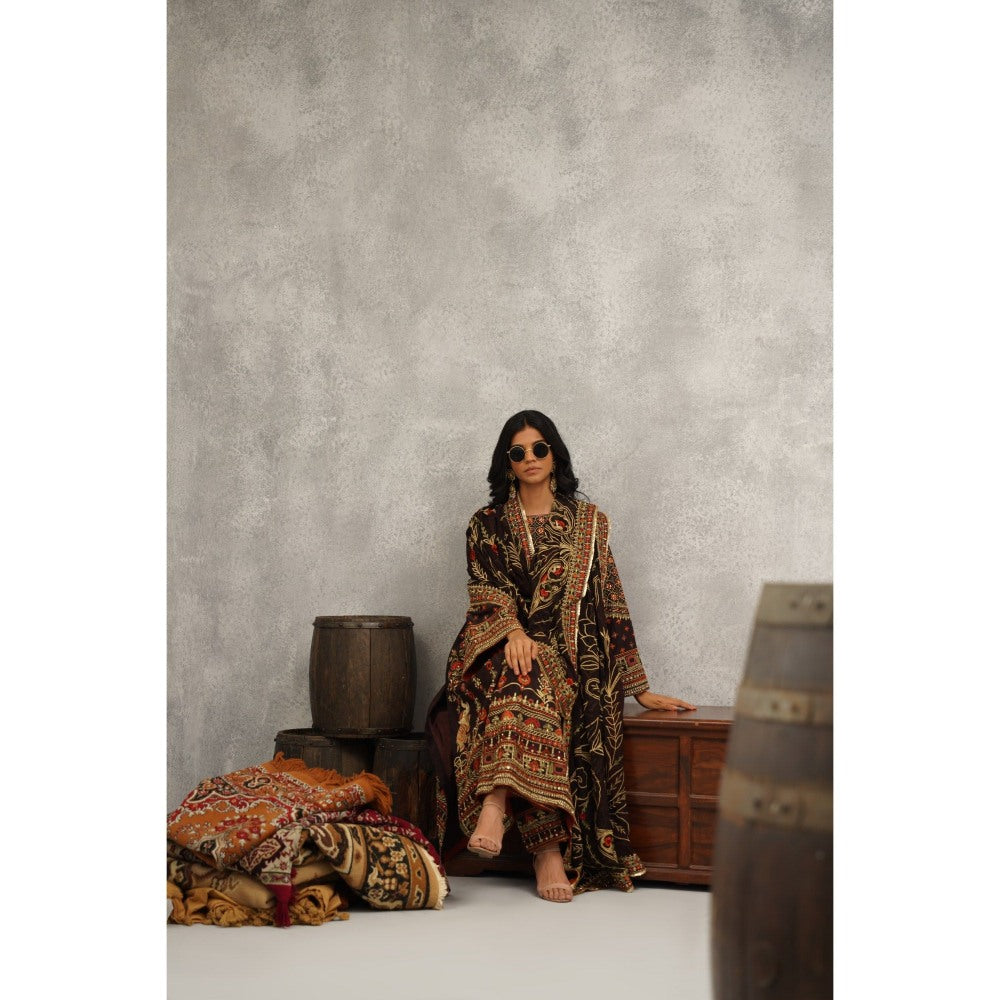 Kapda Dori Brown Embroidered Kurta with Palazzo and Dupatta (Set of 3)