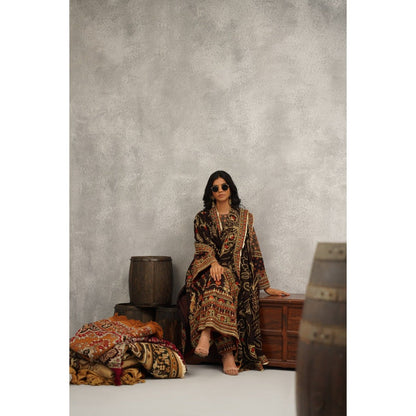Kapda Dori Brown Embroidered Kurta with Palazzo and Dupatta (Set of 3)