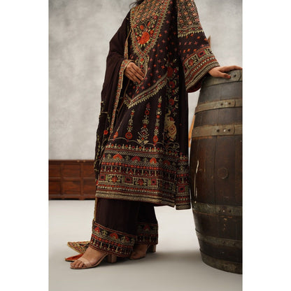 Kapda Dori Brown Embroidered Kurta with Palazzo and Dupatta (Set of 3)