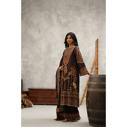 Kapda Dori Brown Embroidered Kurta with Palazzo and Dupatta (Set of 3)