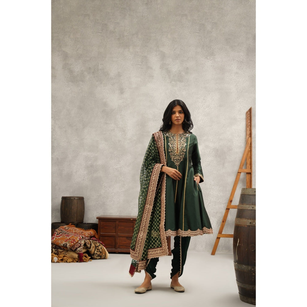 Kapda Dori Green Embroidered Kurta with Dhoti and Dupatta (Set of 3)