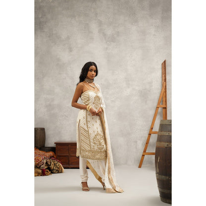 Kapda Dori Ivory Embroidered Kurta with Churidar and Dupatta (Set of 3)