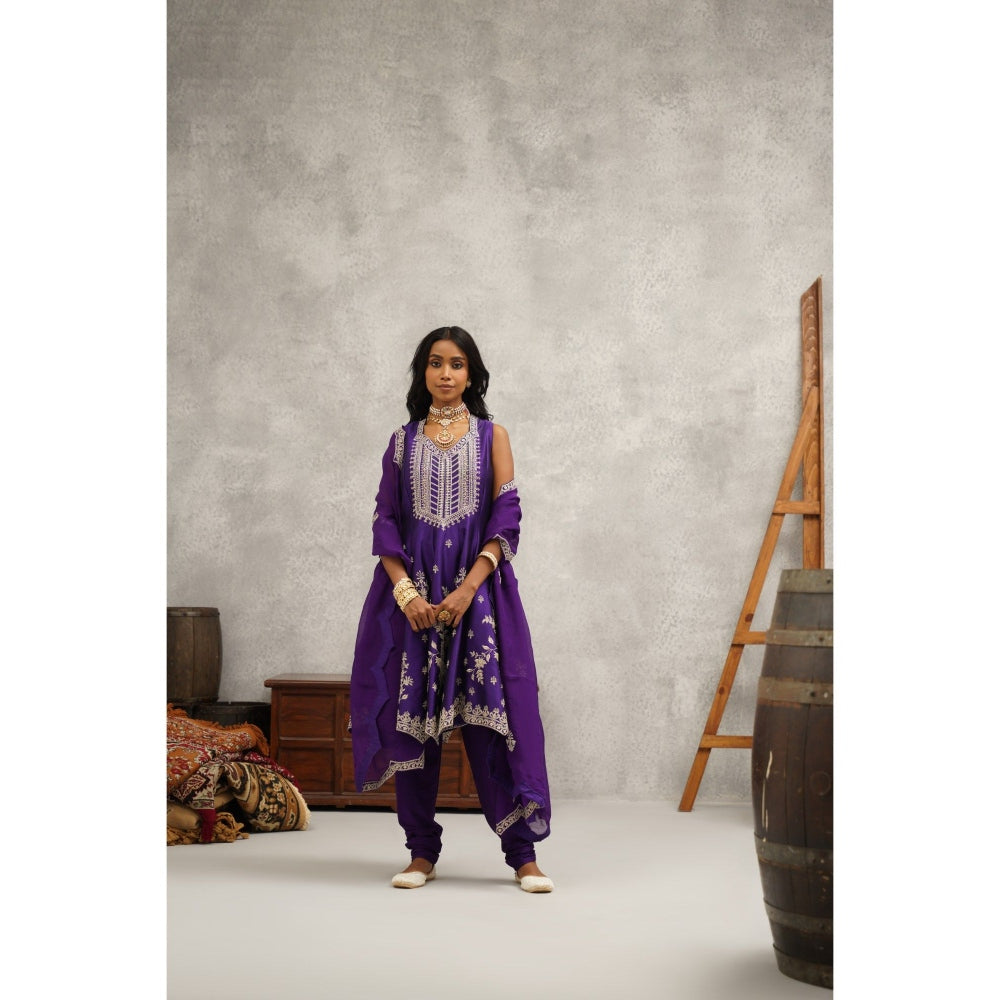 Kapda Dori Purple Embroidered Kurta with Churidar and Dupatta (Set of 3)