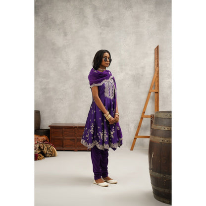 Kapda Dori Purple Embroidered Kurta with Churidar and Dupatta (Set of 3)