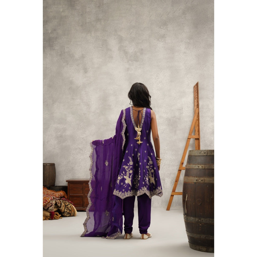 Kapda Dori Purple Embroidered Kurta with Churidar and Dupatta (Set of 3)