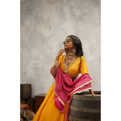 Kapda Dori Yellow Embroidered Lehenga with Blouse and Dupatta (Set of 3)