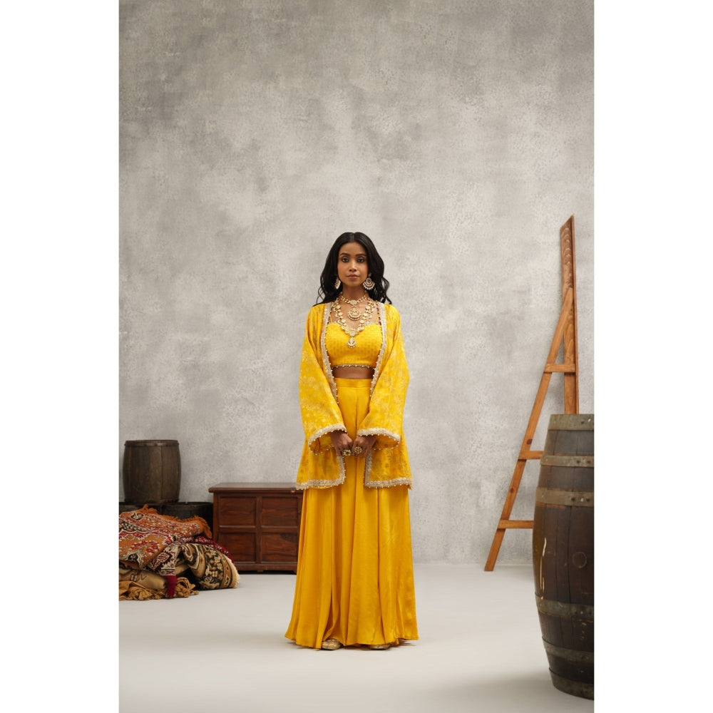 Kapda Dori Yellow Embroidered Sharara with Bustier and Jacket (Set of 3)