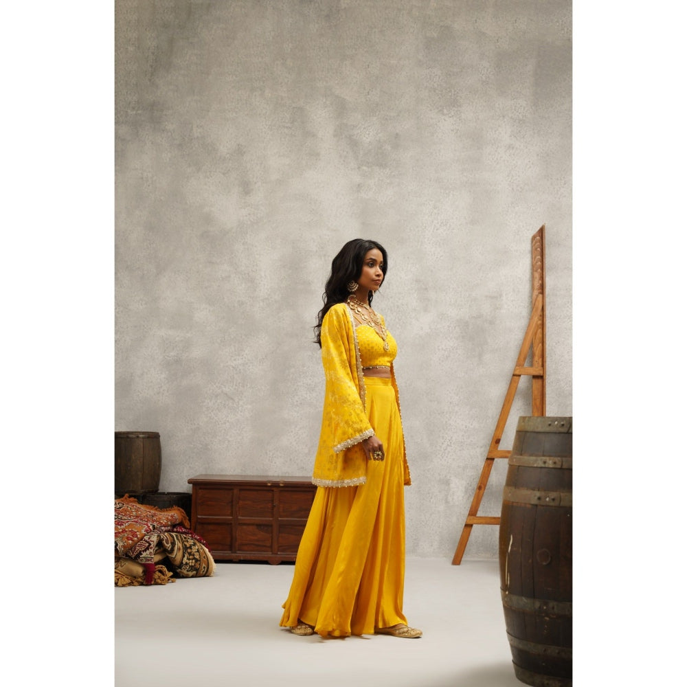 Kapda Dori Yellow Embroidered Sharara with Bustier and Jacket (Set of 3)