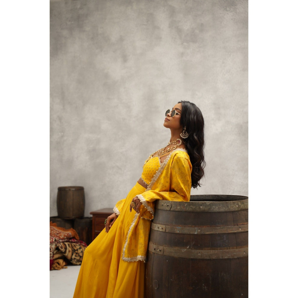 Kapda Dori Yellow Embroidered Sharara with Bustier and Jacket (Set of 3)