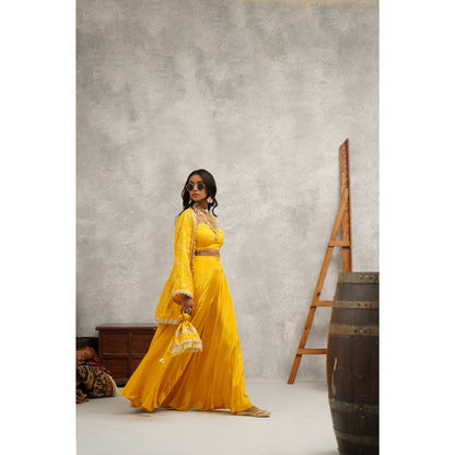 Kapda Dori Yellow Embroidered Sharara with Bustier and Jacket (Set of 3)