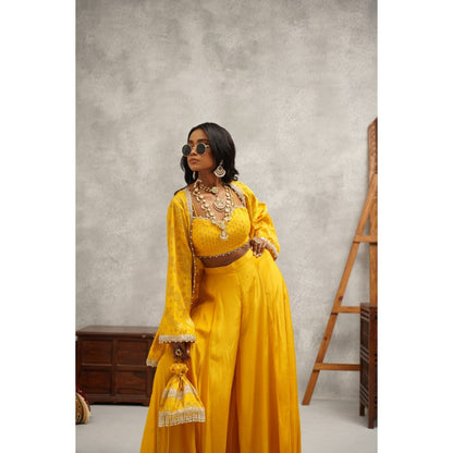 Kapda Dori Yellow Embroidered Sharara with Bustier and Jacket (Set of 3)