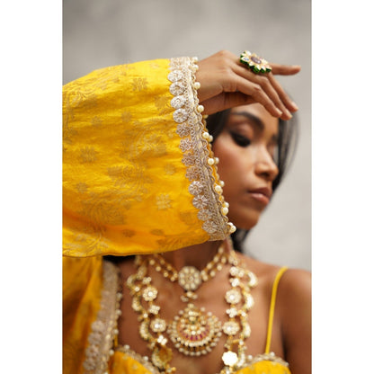 Kapda Dori Yellow Embroidered Sharara with Bustier and Jacket (Set of 3)