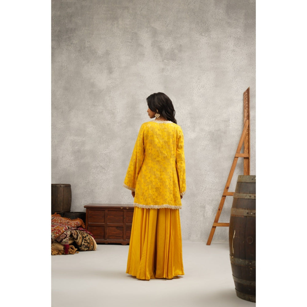 Kapda Dori Yellow Embroidered Sharara with Bustier and Jacket (Set of 3)