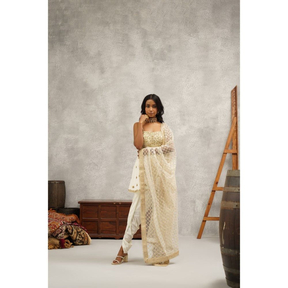 Kapda Dori Ivory Embroidered Peplum Top with Dhoti and Dupatta (Set of 3)