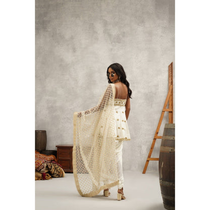 Kapda Dori Ivory Embroidered Peplum Top with Dhoti and Dupatta (Set of 3)