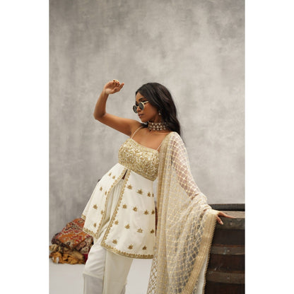 Kapda Dori Ivory Embroidered Peplum Top with Dhoti and Dupatta (Set of 3)