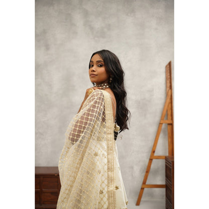 Kapda Dori Ivory Embroidered Peplum Top with Dhoti and Dupatta (Set of 3)