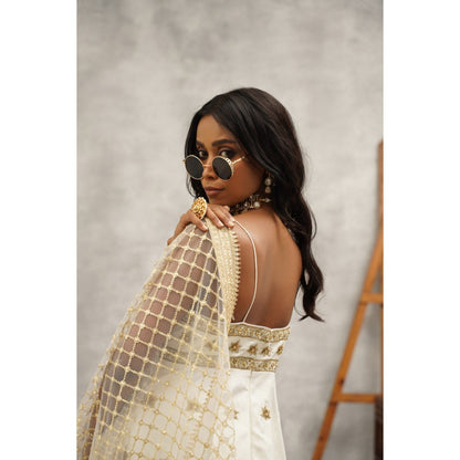 Kapda Dori Ivory Embroidered Peplum Top with Dhoti and Dupatta (Set of 3)