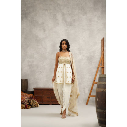 Kapda Dori Ivory Embroidered Peplum Top with Dhoti and Dupatta (Set of 3)