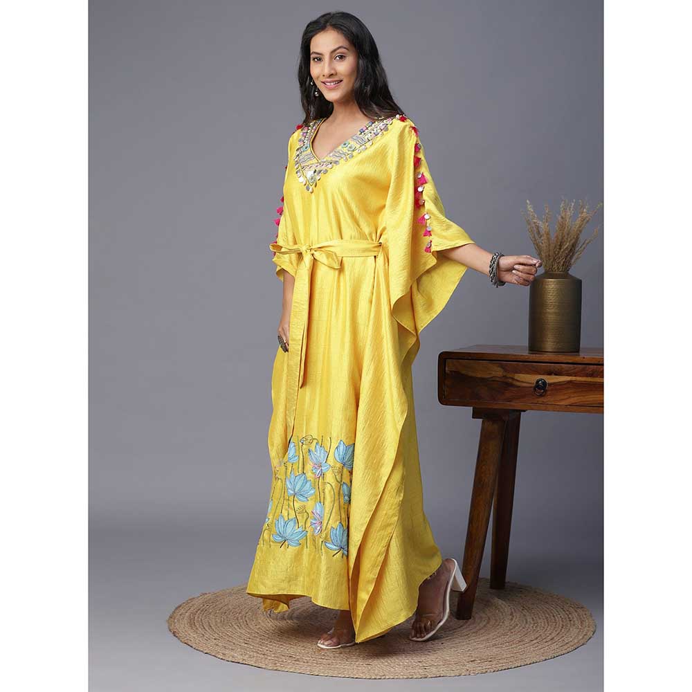 Arpita Sulakshana Blue Flower Hand painted Yellow Kaftan