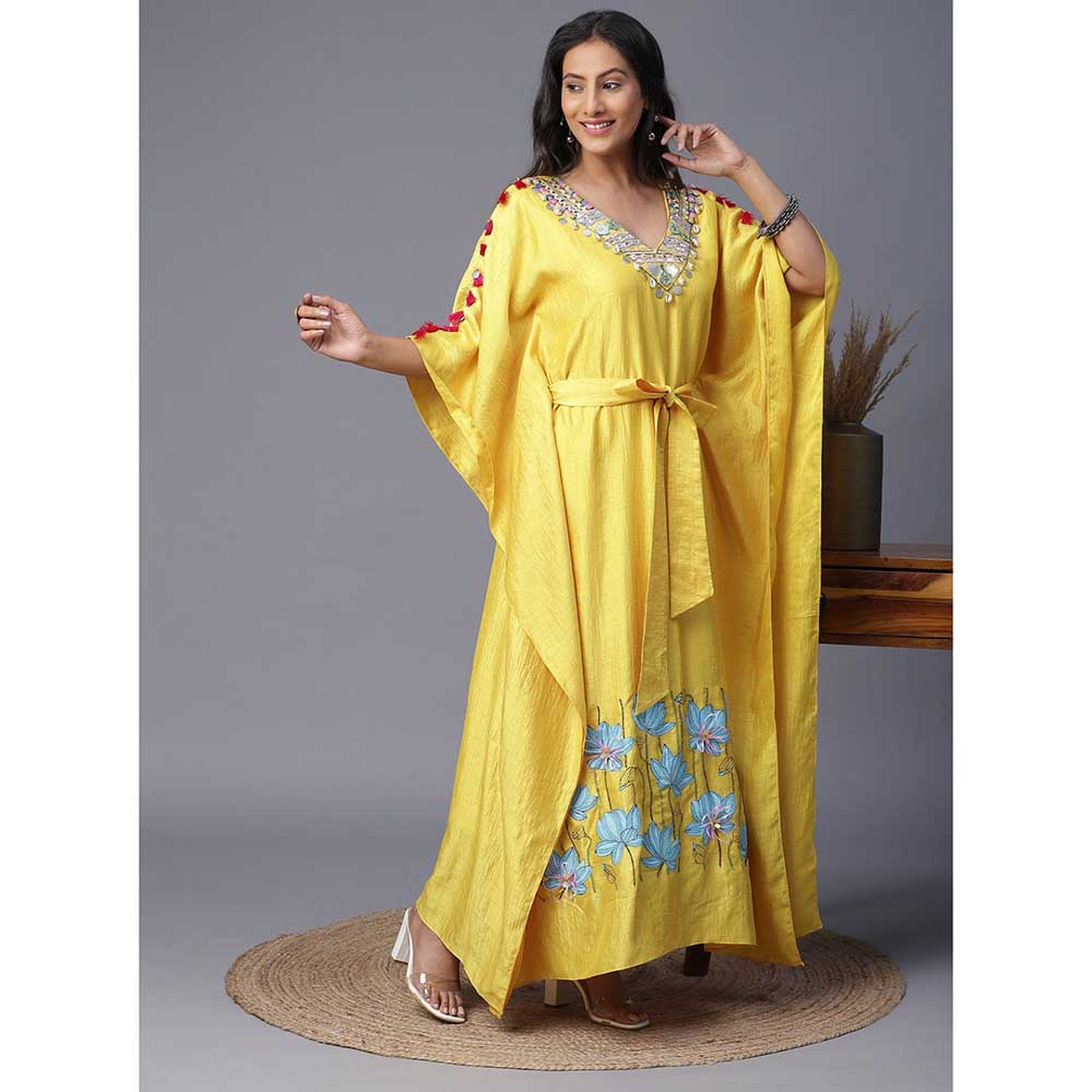 Arpita Sulakshana Blue Flower Hand painted Yellow Kaftan