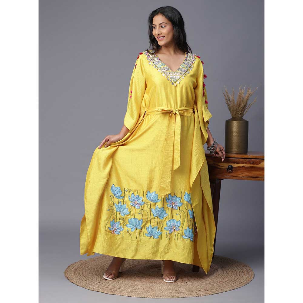 Arpita Sulakshana Blue Flower Hand painted Yellow Kaftan