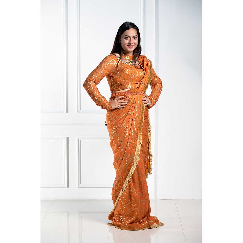 Arpita Sulakshana Burnt Orange Drape Saree with Semi-Stitched Blouse