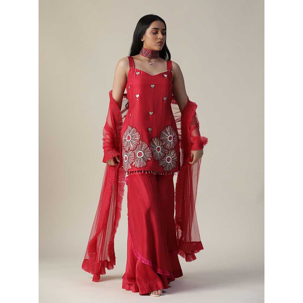 Arpita Sulakshana Red Flower Embroidered Sharara (Set of 3)