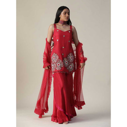 Arpita Sulakshana Red Flower Embroidered Sharara (Set of 3)