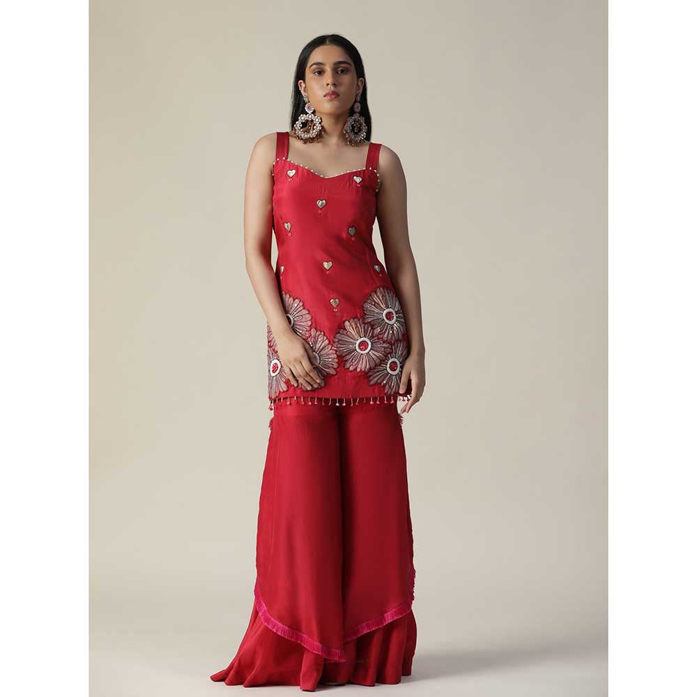 Arpita Sulakshana Red Flower Embroidered Sharara (Set of 3)