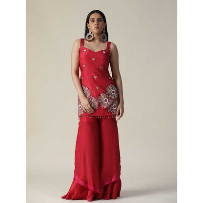 Arpita Sulakshana Red Flower Embroidered Sharara (Set of 3)