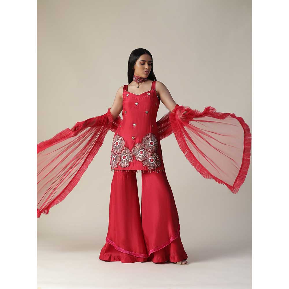 Arpita Sulakshana Red Flower Embroidered Sharara (Set of 3)