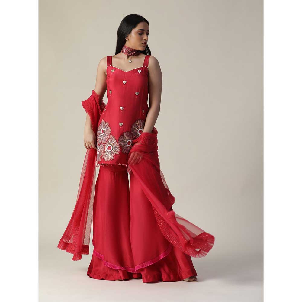 Arpita Sulakshana Red Flower Embroidered Sharara (Set of 3)