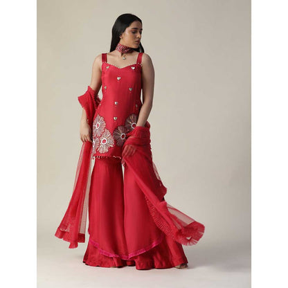 Arpita Sulakshana Red Flower Embroidered Sharara (Set of 3)