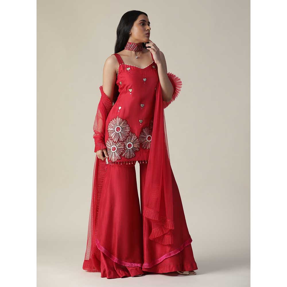 Arpita Sulakshana Red Flower Embroidered Sharara (Set of 3)