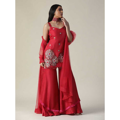 Arpita Sulakshana Red Flower Embroidered Sharara (Set of 3)