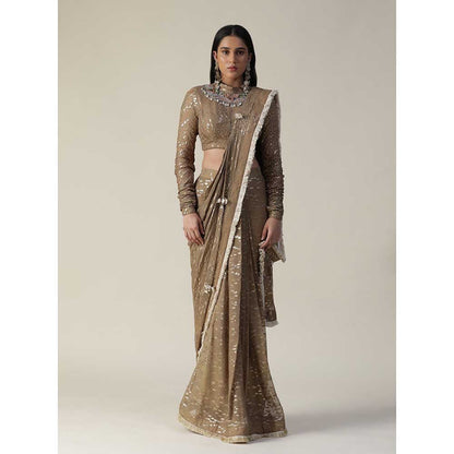 Arpita Sulakshana Brown Colour Pre-Draped Georgette Saree with Stitched Blouse